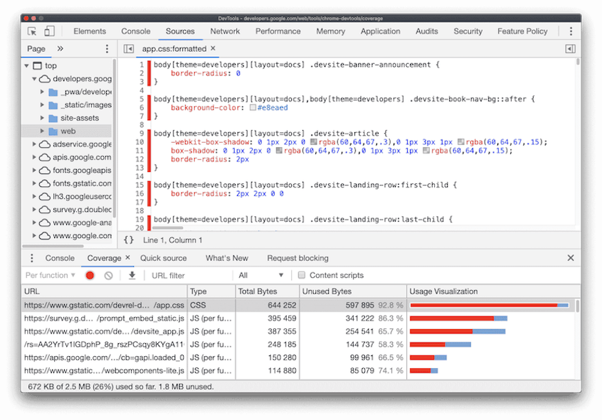 Coverage tab. Can spot unused CSS and JS Coverage tab. Can spot unused CSS and JS