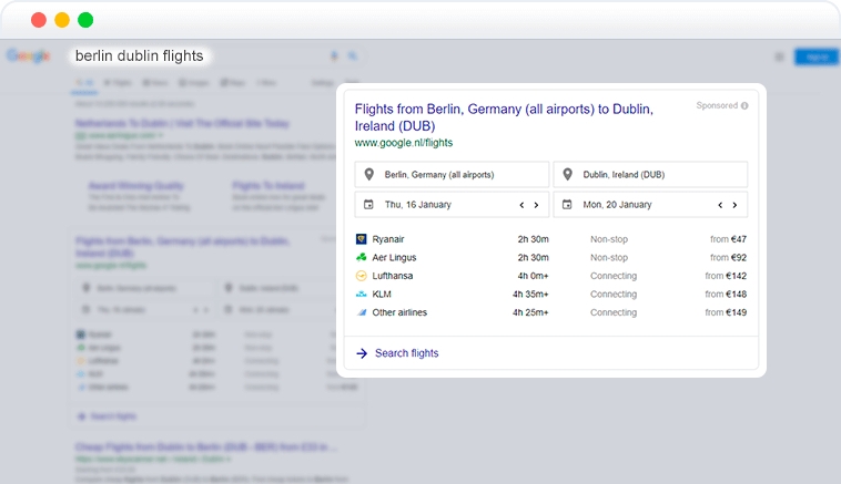 google flights element in SERP google flights element in SERP