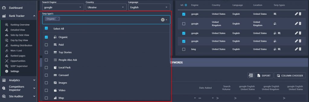 Rank Tracker's settings Rank Tracker's settings
